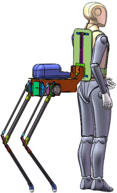 CAD render of the Centaur robot: a human figure wearing a back frame connected to a robotic torso with two jointed legs behind them, carrying a load on top.