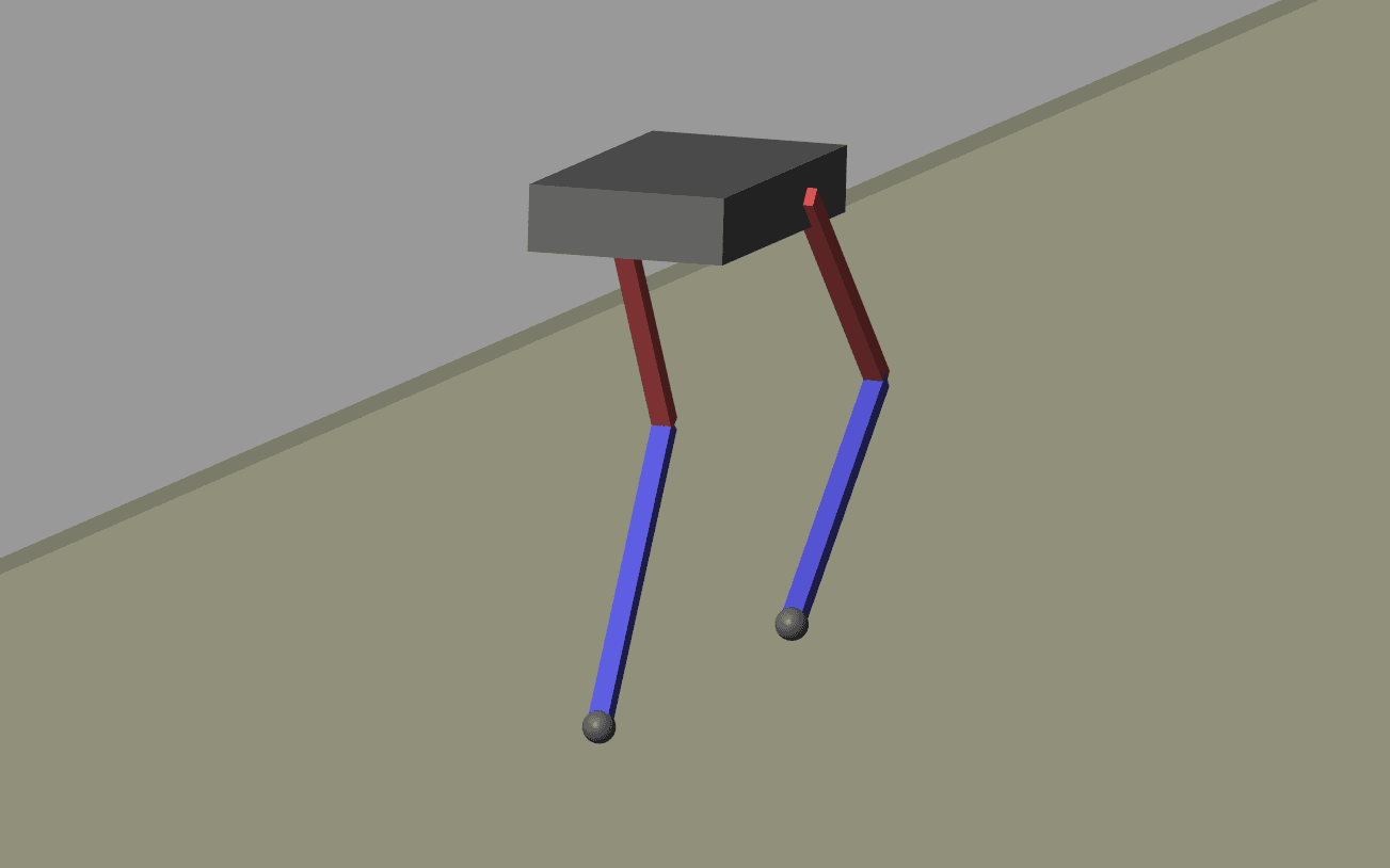 MATLAB Simulink multibody simulation of the two-legged robot: a box-shaped torso with two two-segment legs standing on a ground plane.